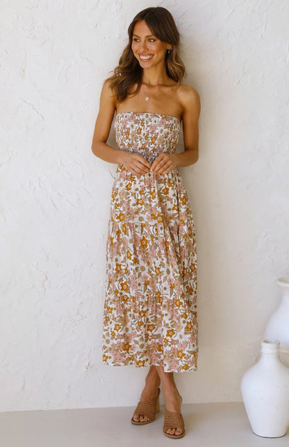 Womens Floral Bandeau Boho Maxi Dress SIZE S-XL