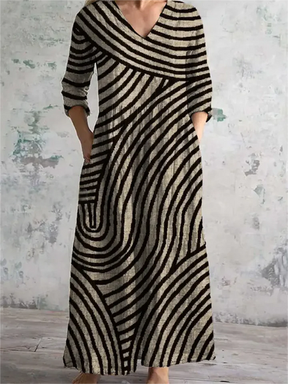 Women Floral V Neck Long Sleeve Comfy Vintage Maxi Dress