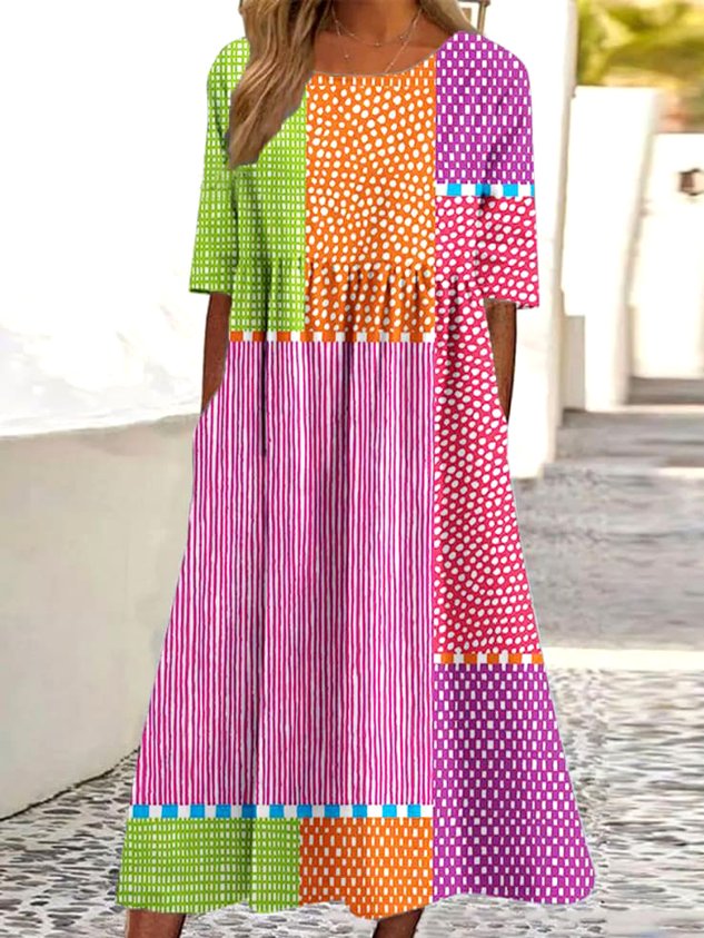 Women Striped Crew Neck Half Sleeve Comfy Casual Maxi Dress