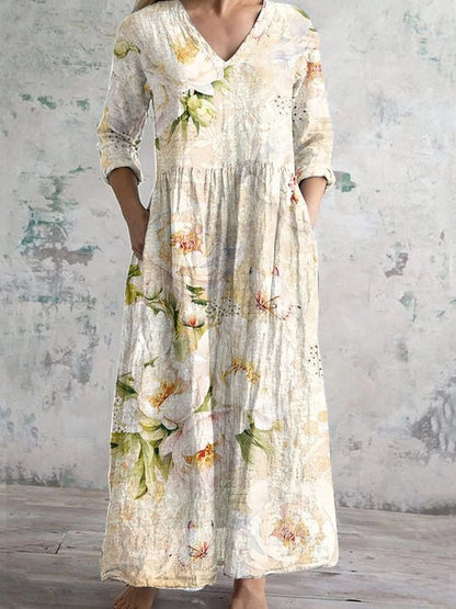 Women Floral V Neck Long Sleeve Comfy Vintage Maxi Dress