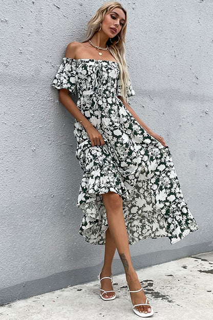 Womens Floral Slit Off Shoulder Midi Dress SIZE S-XL
