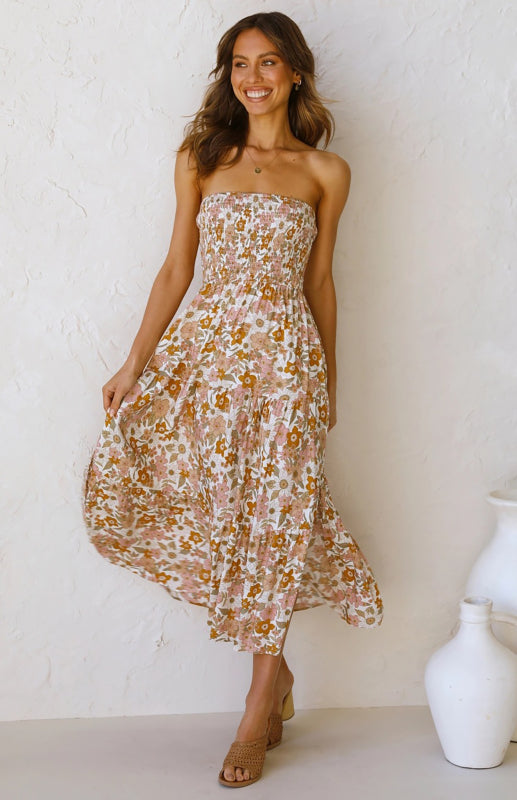 Womens Floral Bandeau Boho Maxi Dress SIZE S-XL