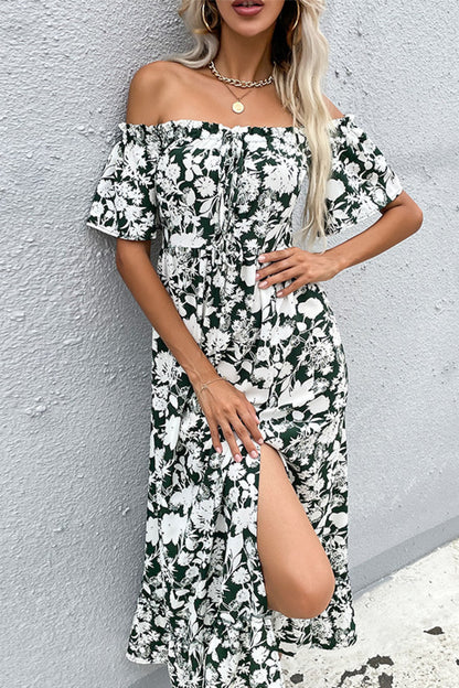 Womens Floral Slit Off Shoulder Midi Dress SIZE S-XL