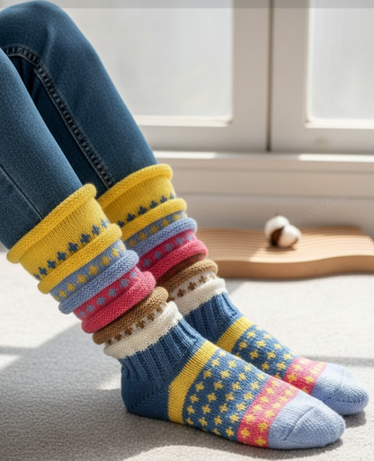 Women's Colorful Striped Slouch Socks Warm Color-blocked Star-patterned Wool Floor Ethnic Style Mid-calf Socks