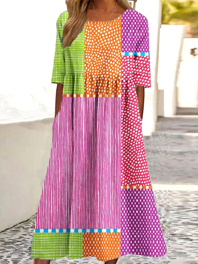 Women Striped Crew Neck Half Sleeve Comfy Casual Maxi Dress