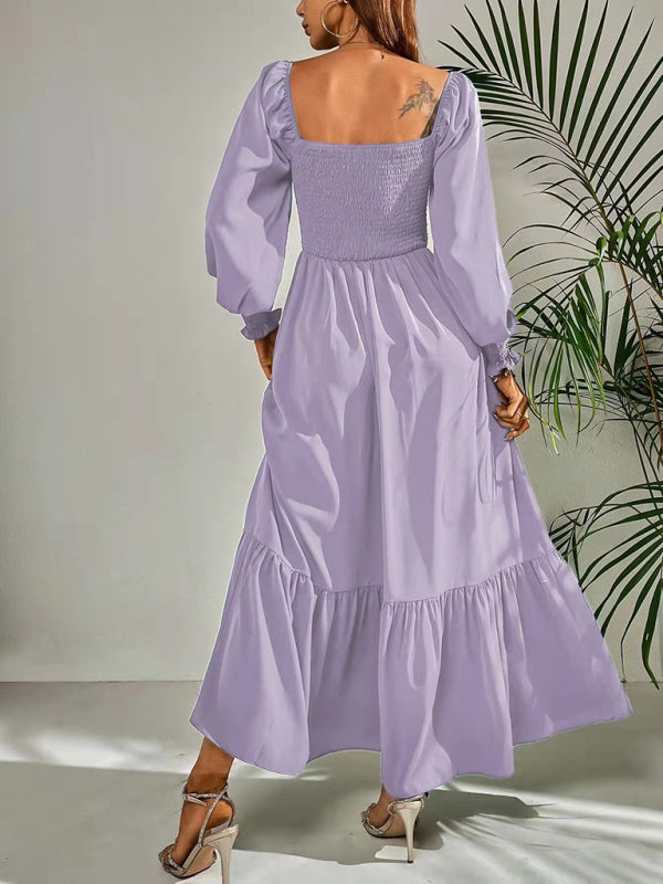 Womens Solid Color Smocked Long Sleeve Tiered Maxi Dress SIZE S-4XL