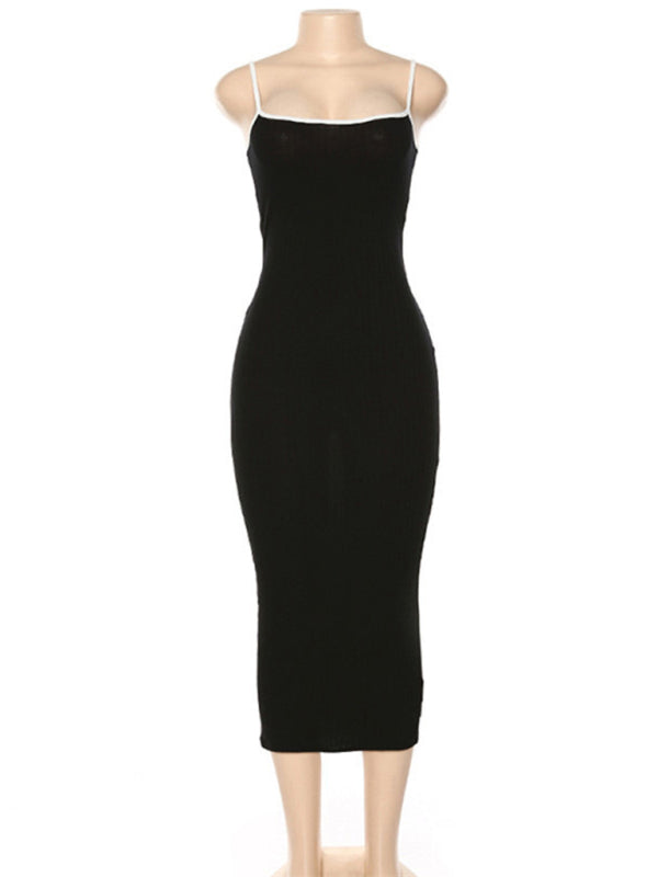 Womens Contrasting Color Sexy Open Back Slim Dress SIZE S-L