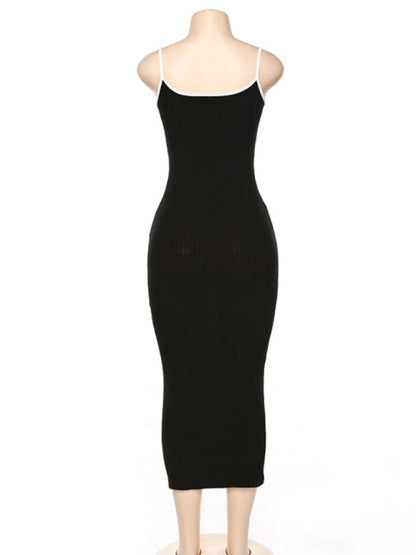 Womens Contrasting Color Sexy Open Back Slim Dress SIZE S-L