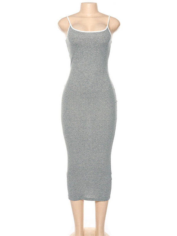 Womens Contrasting Color Sexy Open Back Slim Dress SIZE S-L