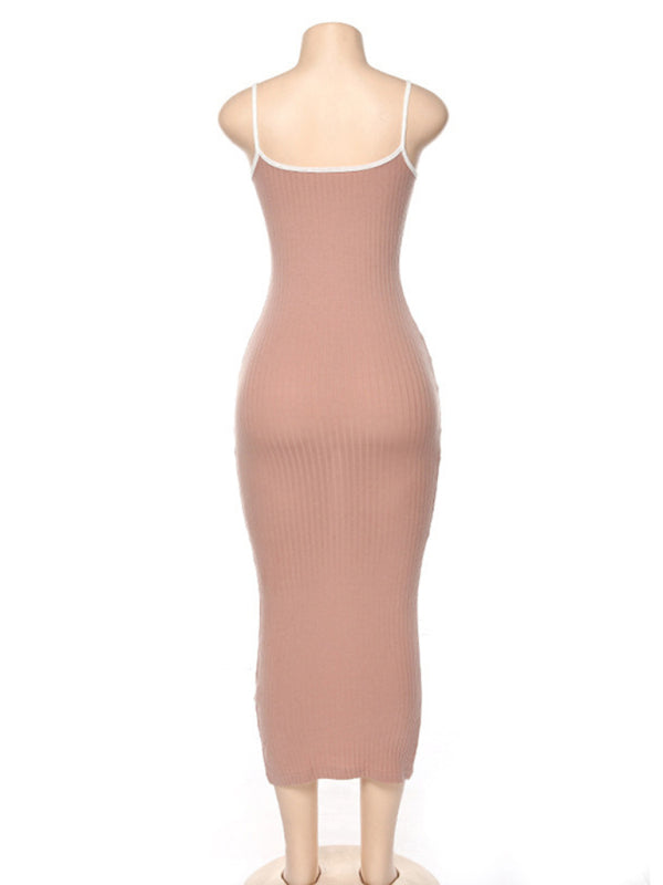 Womens Contrasting Color Sexy Open Back Slim Dress SIZE S-L
