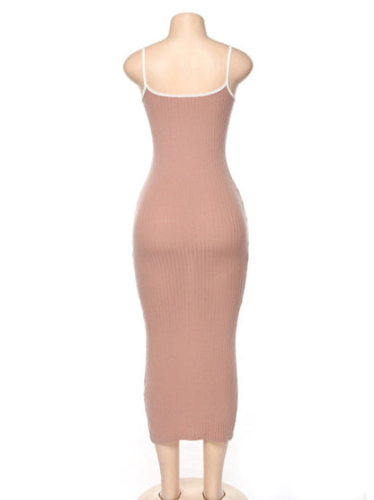 Womens Contrasting Color Sexy Open Back Slim Dress SIZE S-L