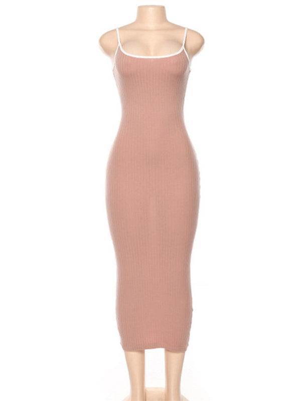Womens Contrasting Color Sexy Open Back Slim Dress SIZE S-L