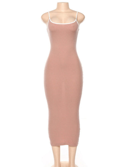 Womens Contrasting Color Sexy Open Back Slim Dress SIZE S-L