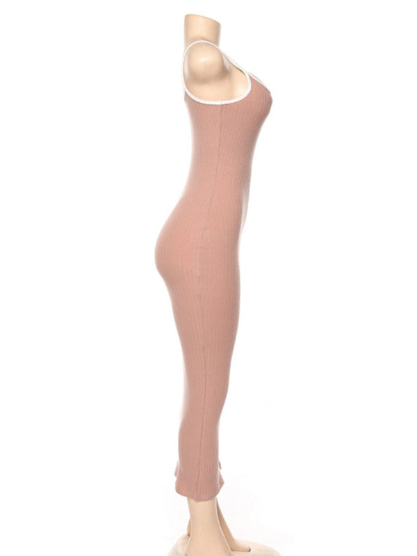 Womens Contrasting Color Sexy Open Back Slim Dress SIZE S-L