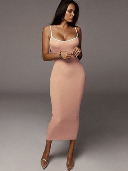 Womens Contrasting Color Sexy Open Back Slim Dress SIZE S-L