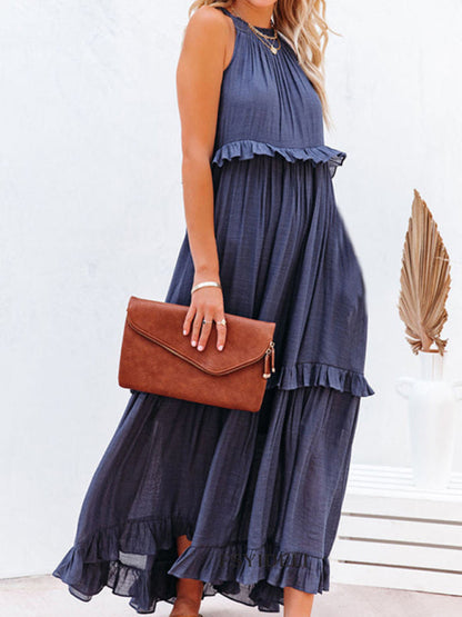 Womens Solid Color Halter Neck Ruffle Tiered Maxi Dress SIZE S-XL