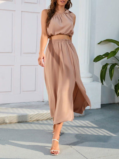 Womens Solid Color Tie Shoulder Crop Top Matching Skirt Set SIZE S-2XL