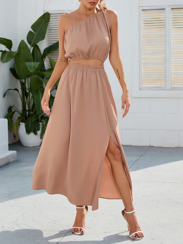 Womens Solid Color Tie Shoulder Crop Top Matching Skirt Set SIZE S-2XL