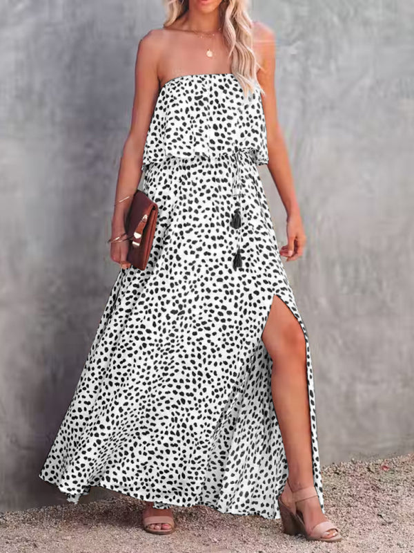 Womens Dot Print Strapless High Slit Maxi Dress SIZE S-XL