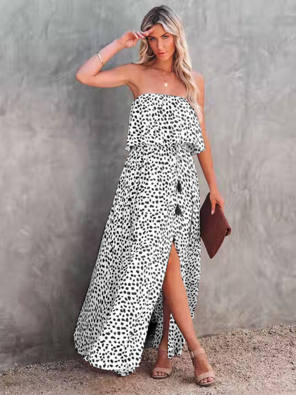Womens Dot Print Strapless High Slit Maxi Dress SIZE S-XL