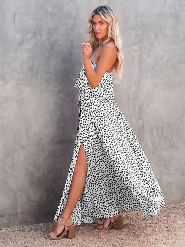 Womens Dot Print Strapless High Slit Maxi Dress SIZE S-XL