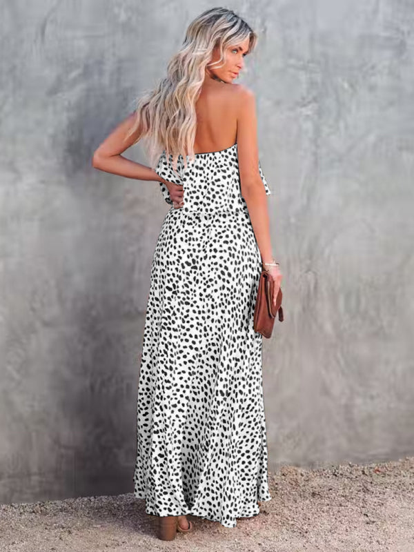 Womens Dot Print Strapless High Slit Maxi Dress SIZE S-XL