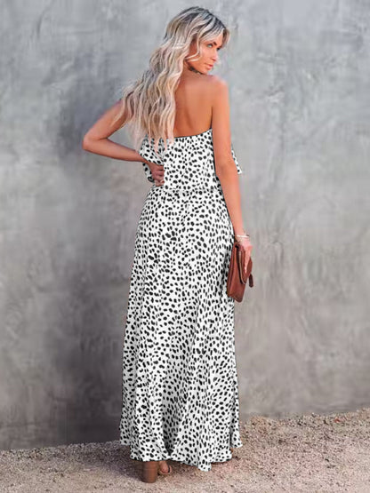 Womens Dot Print Strapless High Slit Maxi Dress SIZE S-XL