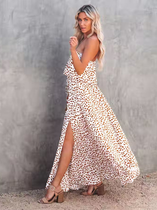 Womens Dot Print Strapless High Slit Maxi Dress SIZE S-XL