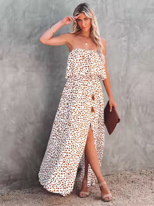Womens Dot Print Strapless High Slit Maxi Dress SIZE S-XL