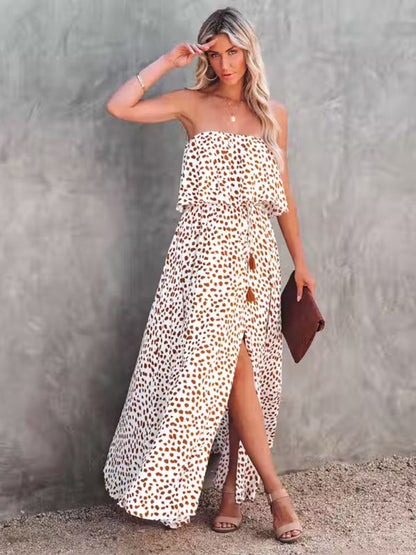 Womens Dot Print Strapless High Slit Maxi Dress SIZE S-XL