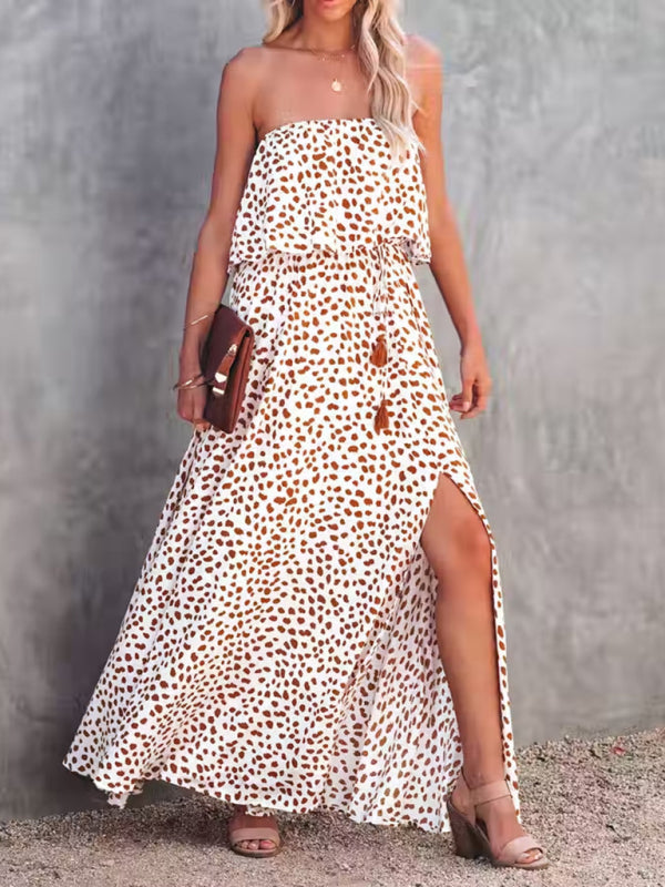 Womens Dot Print Strapless High Slit Maxi Dress SIZE S-XL
