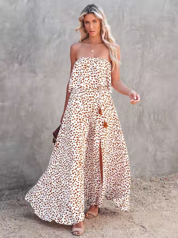 Womens Dot Print Strapless High Slit Maxi Dress SIZE S-XL