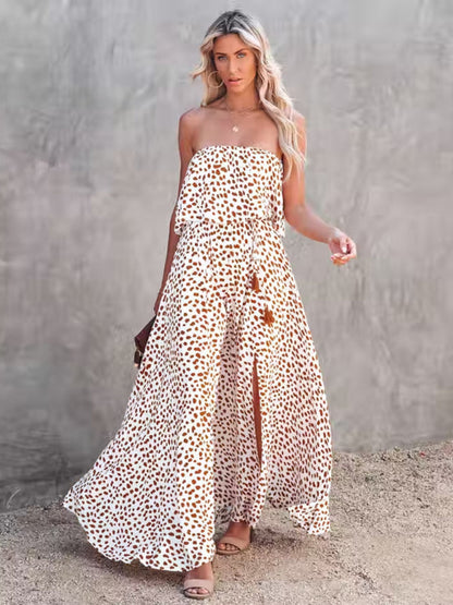 Womens Dot Print Strapless High Slit Maxi Dress SIZE S-XL