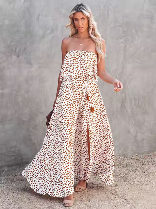 Womens Dot Print Strapless High Slit Maxi Dress SIZE S-XL